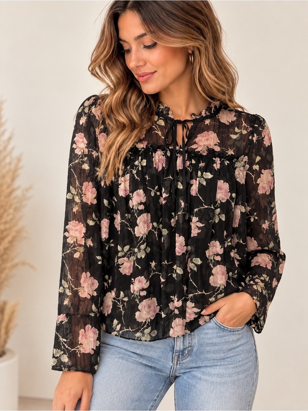 Ulla Johnson Petunia Black Rose Floral Chiffon Blouse Size 6